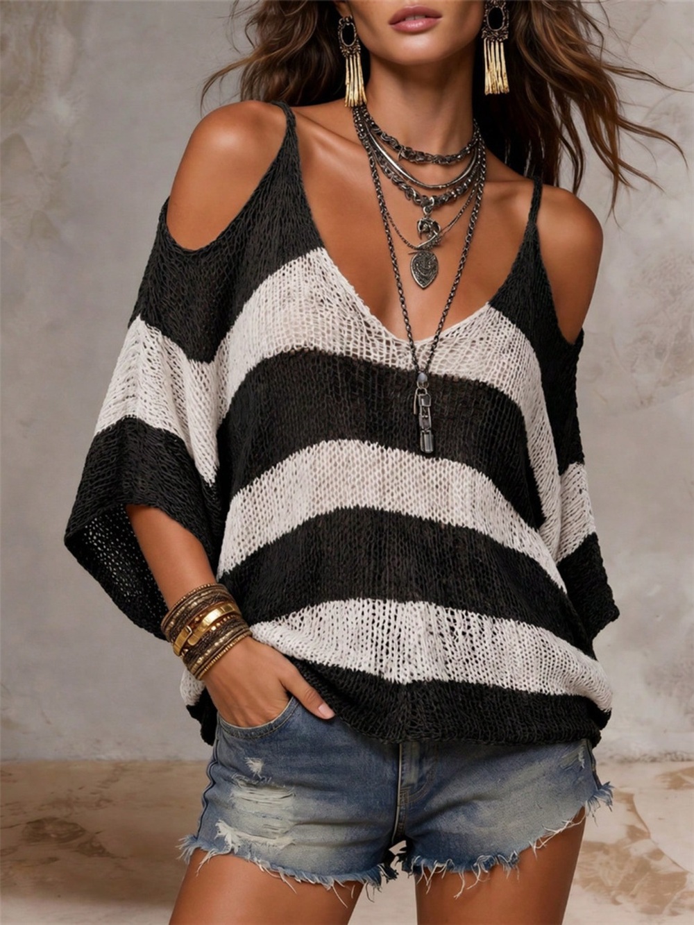 Striped Cold Shoulder Sweater - Picture 3 of 9